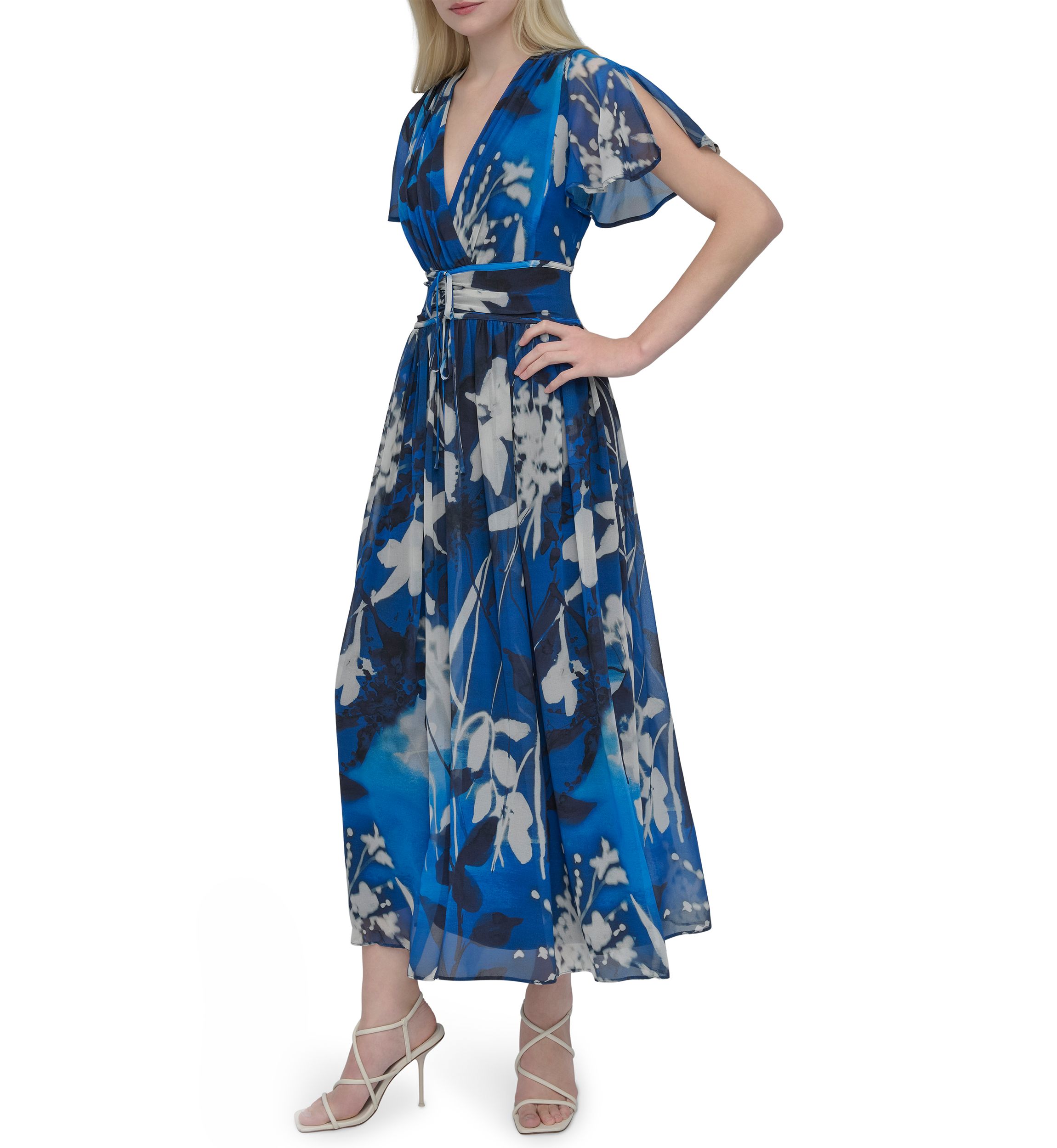 Womens Short Sleeve V-Neck Floral Print Chiffon Maxi Fit and Flare Dress