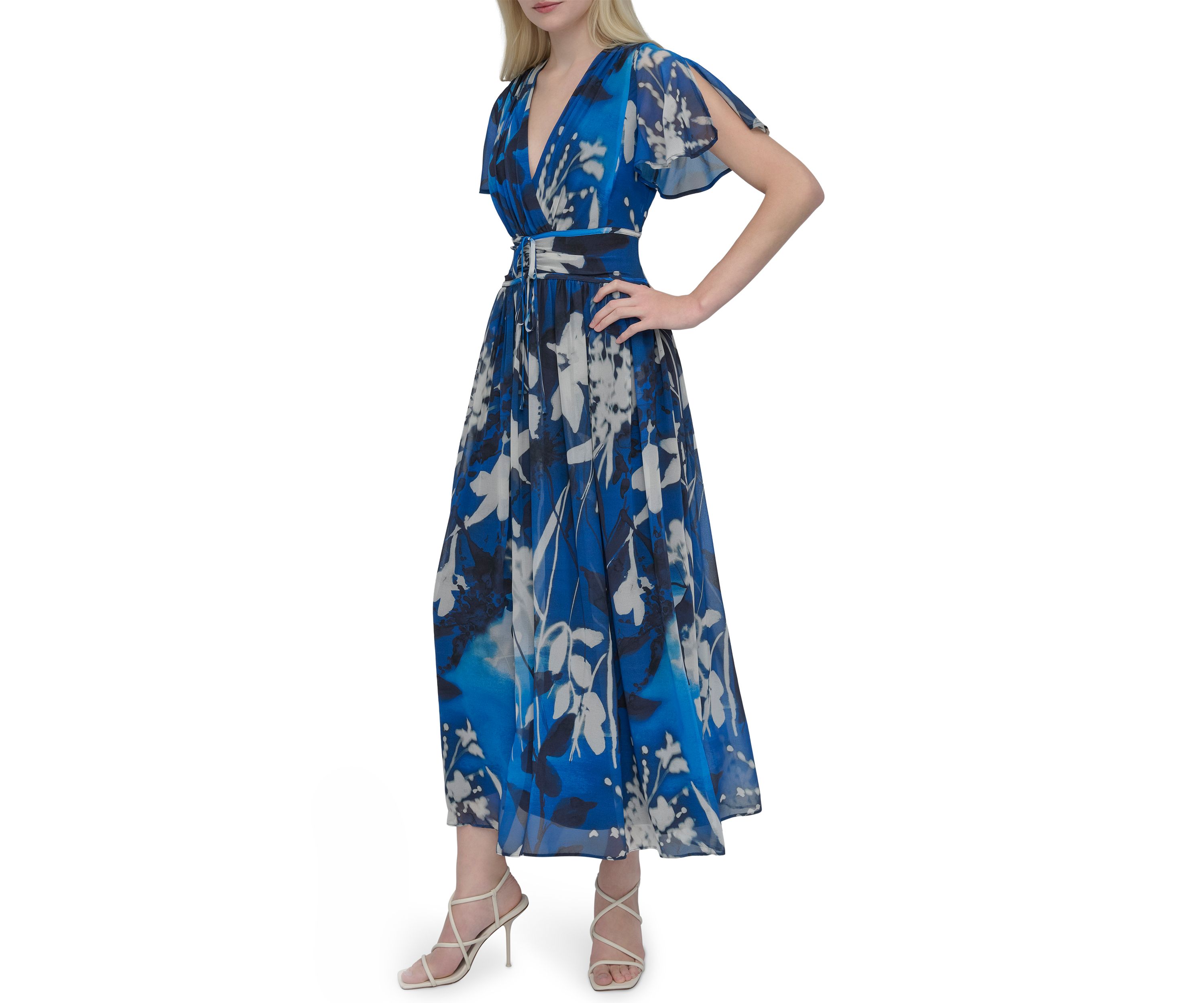 Womens Short Sleeve V-Neck Floral Print Chiffon Maxi Fit and Flare Dress