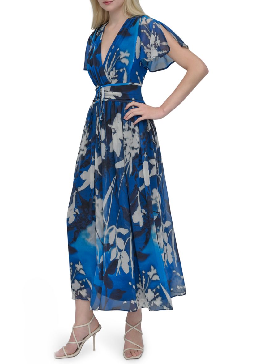 Womens Short Sleeve V-Neck Floral Print Chiffon Maxi Fit and Flare Dress