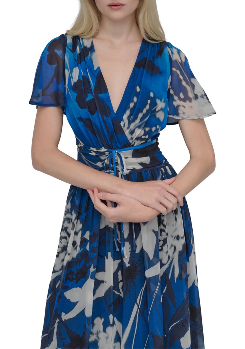 Womens Short Sleeve V-Neck Floral Print Chiffon Maxi Fit and Flare Dress