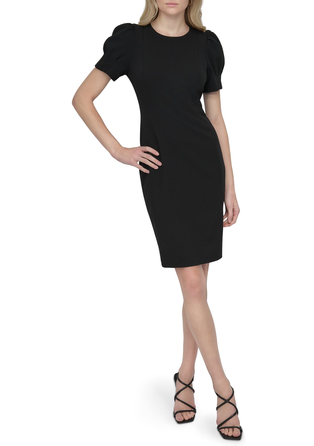 Womens Short Sleeve Crew Neck Solid Scuba Sheath Dress