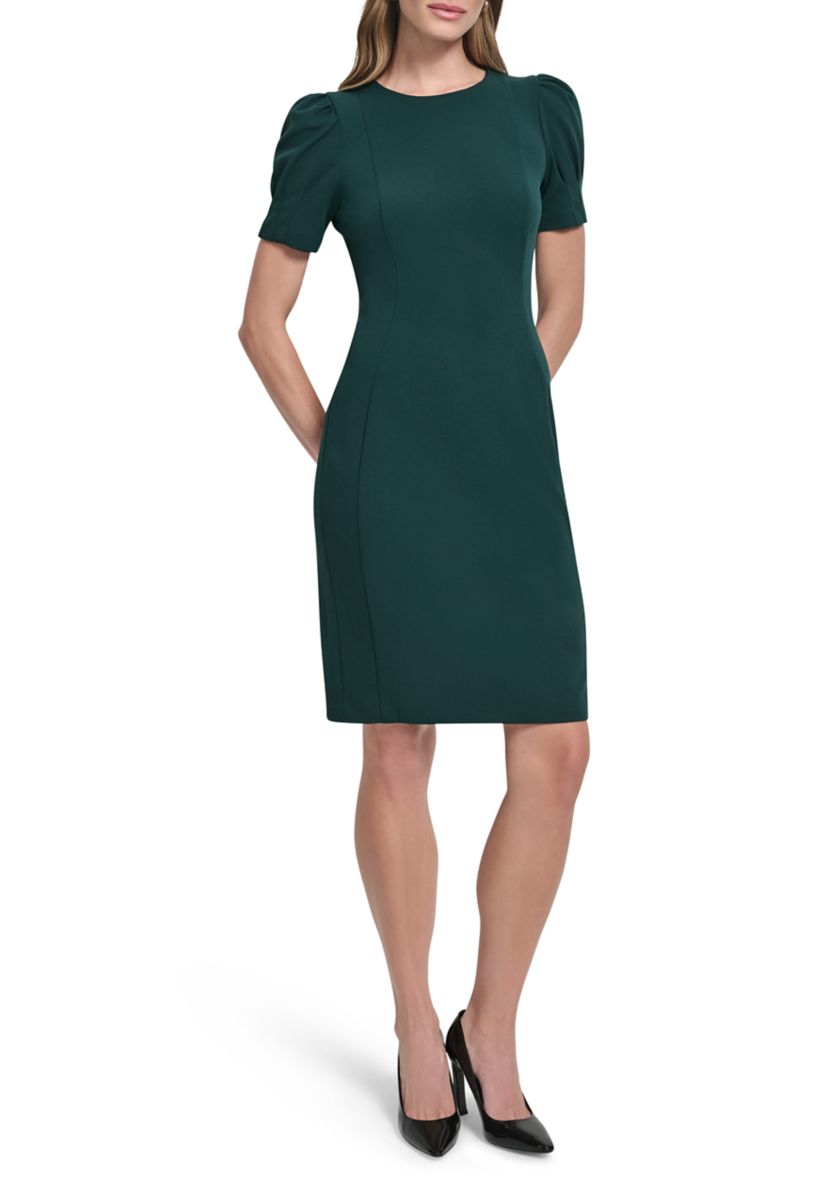 Womens Short Sleeve Crew Neck Solid Scuba Sheath Dress