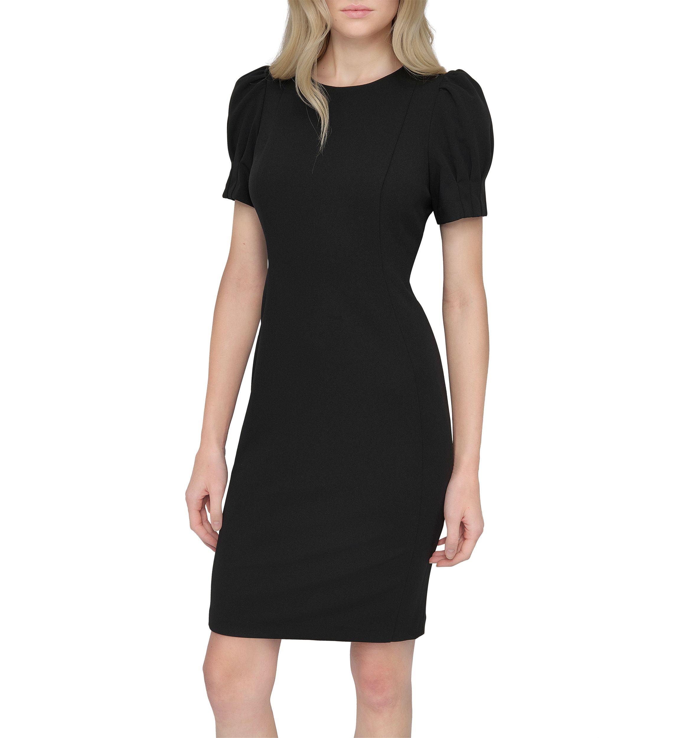 Womens Short Sleeve Crew Neck Solid Scuba Sheath Dress