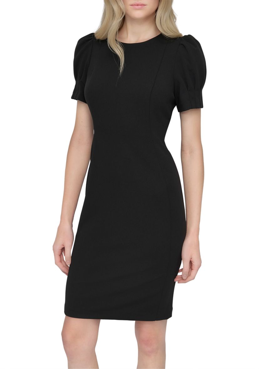 Womens Short Sleeve Crew Neck Solid Scuba Sheath Dress
