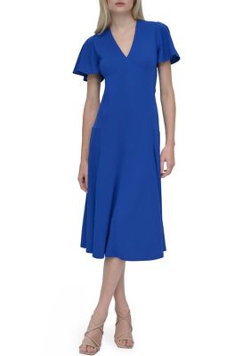 DKNY Women's Short Sleeve V-Neck Solid A-Line Dress, Blue, 4