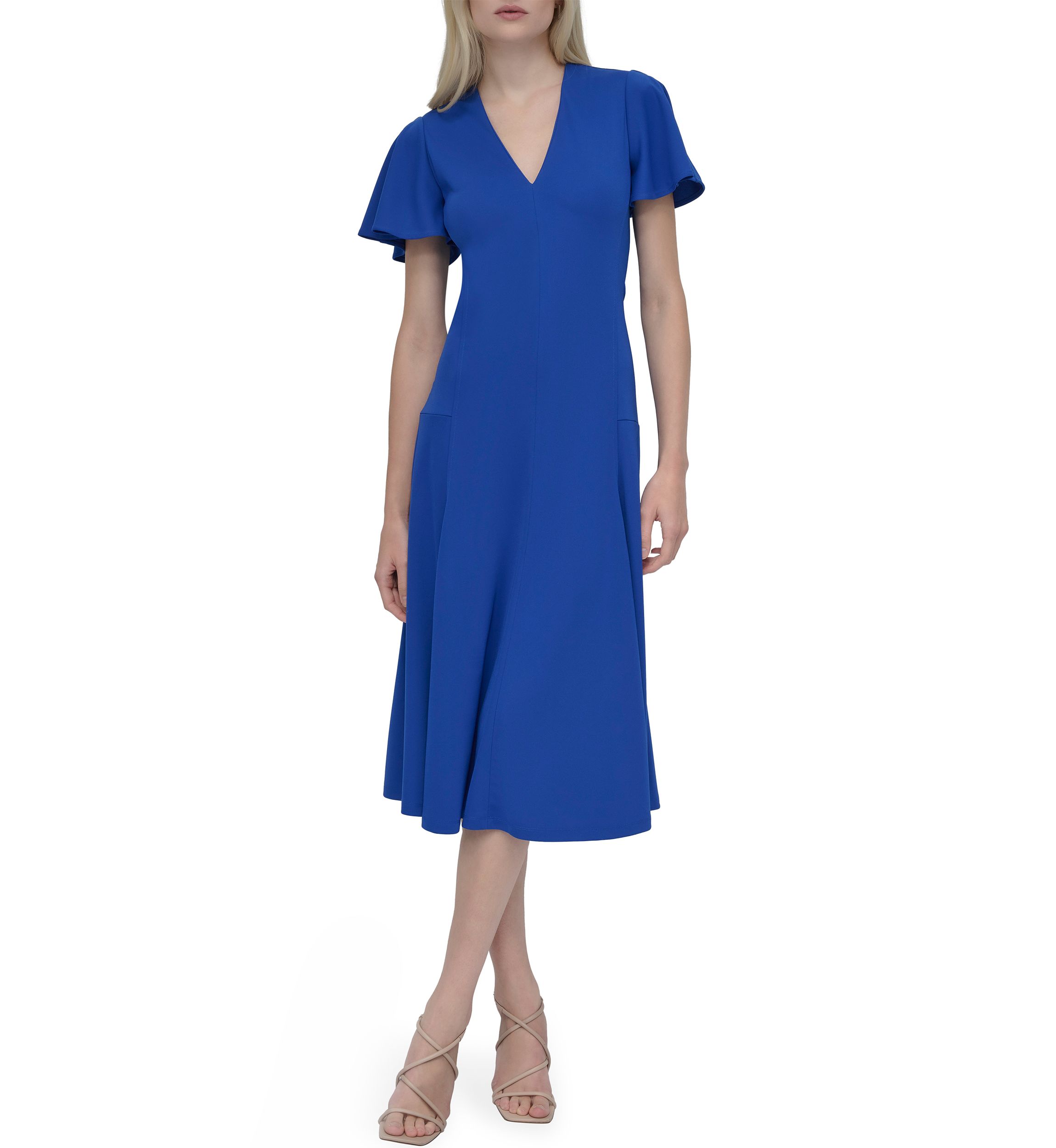 Womens Short Sleeve V-Neck Solid A-Line Dress