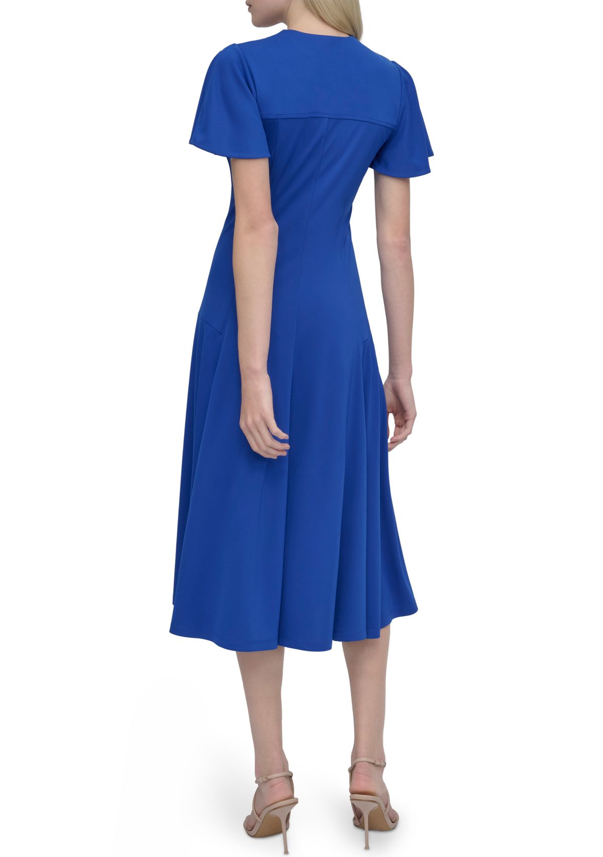 Womens Short Sleeve V-Neck Solid A-Line Dress