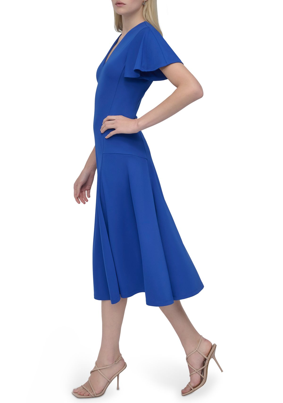 Womens Short Sleeve V-Neck Solid A-Line Dress