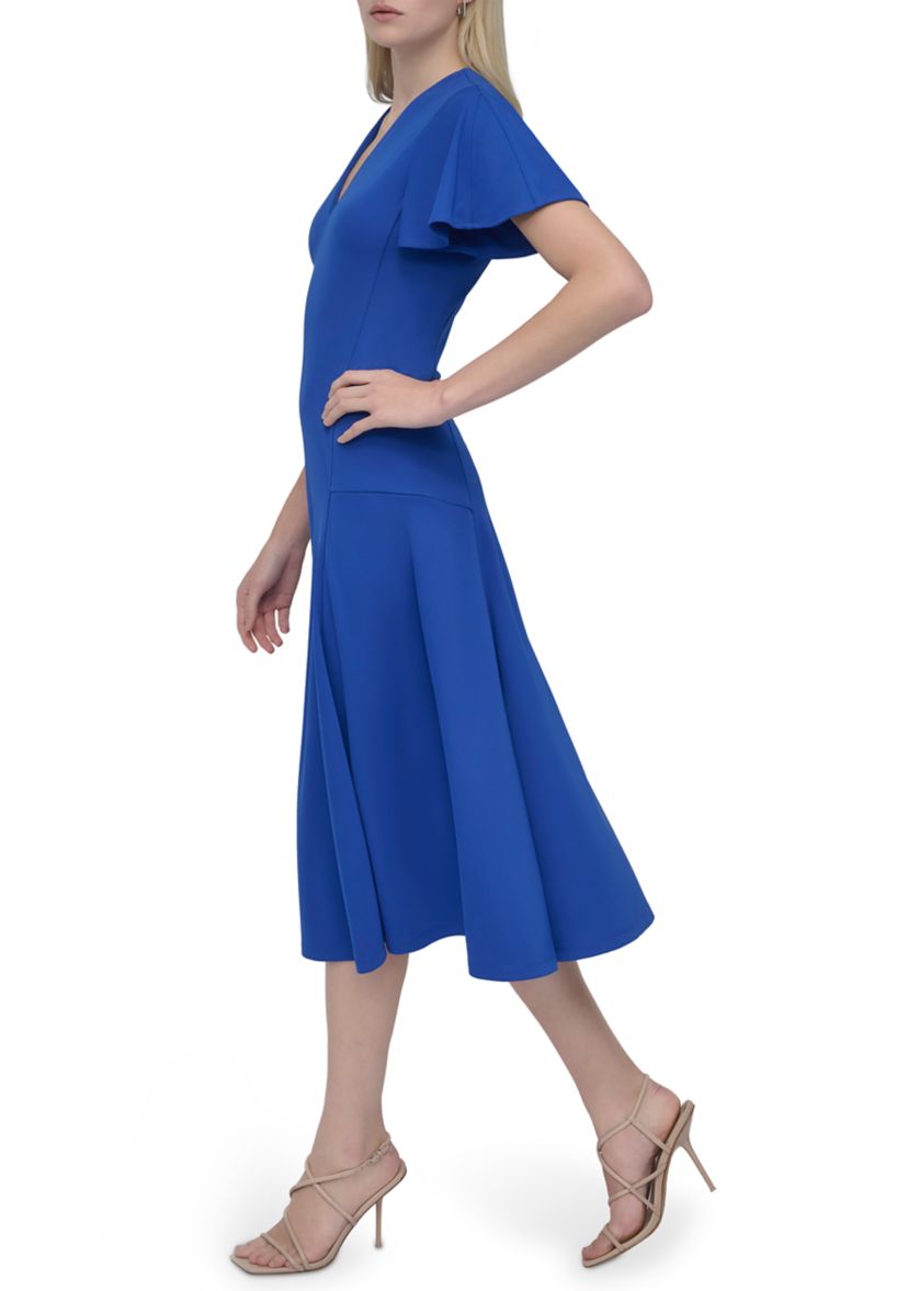 Womens Short Sleeve V-Neck Solid A-Line Dress