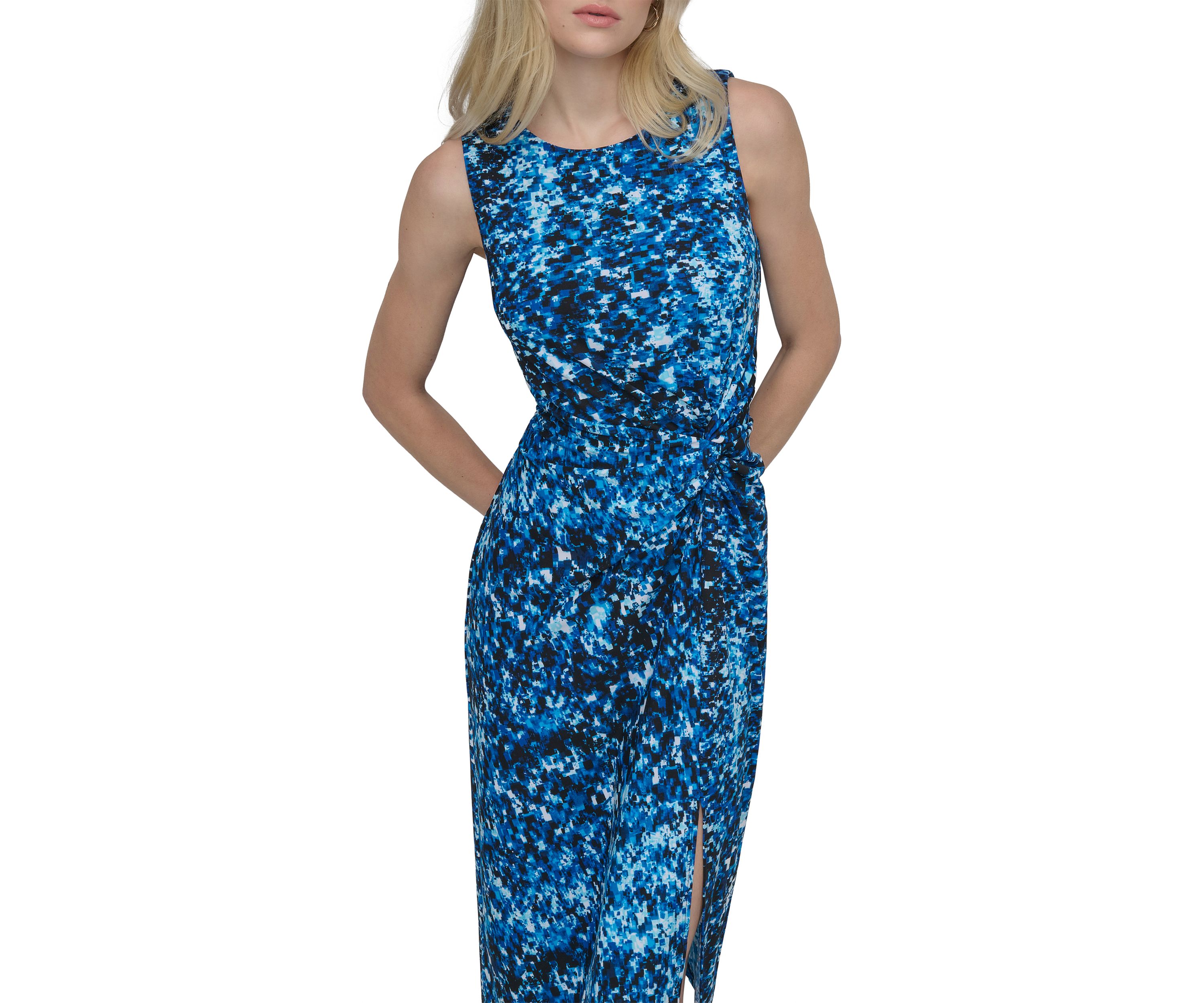Womens Sleeveless Crew Neck Printed Sheath Dress