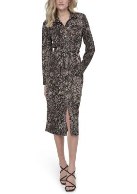 DKNY Women's Long Sleeve Printed Shirt Dress, Black, 12