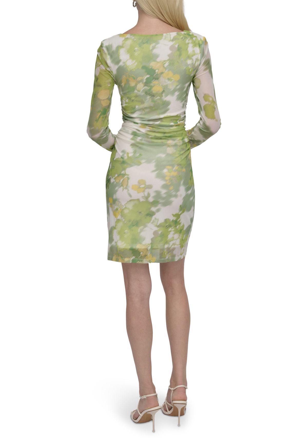 Womens Floral Printed Boat Neck Ruched Dress
