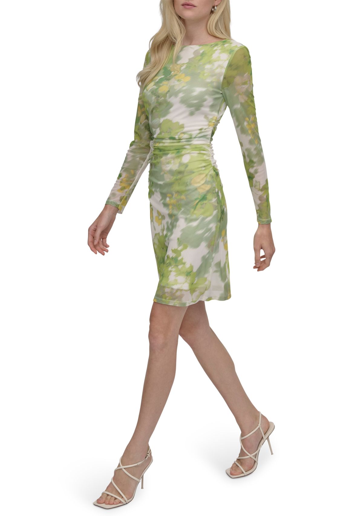 Womens Floral Printed Boat Neck Ruched Dress