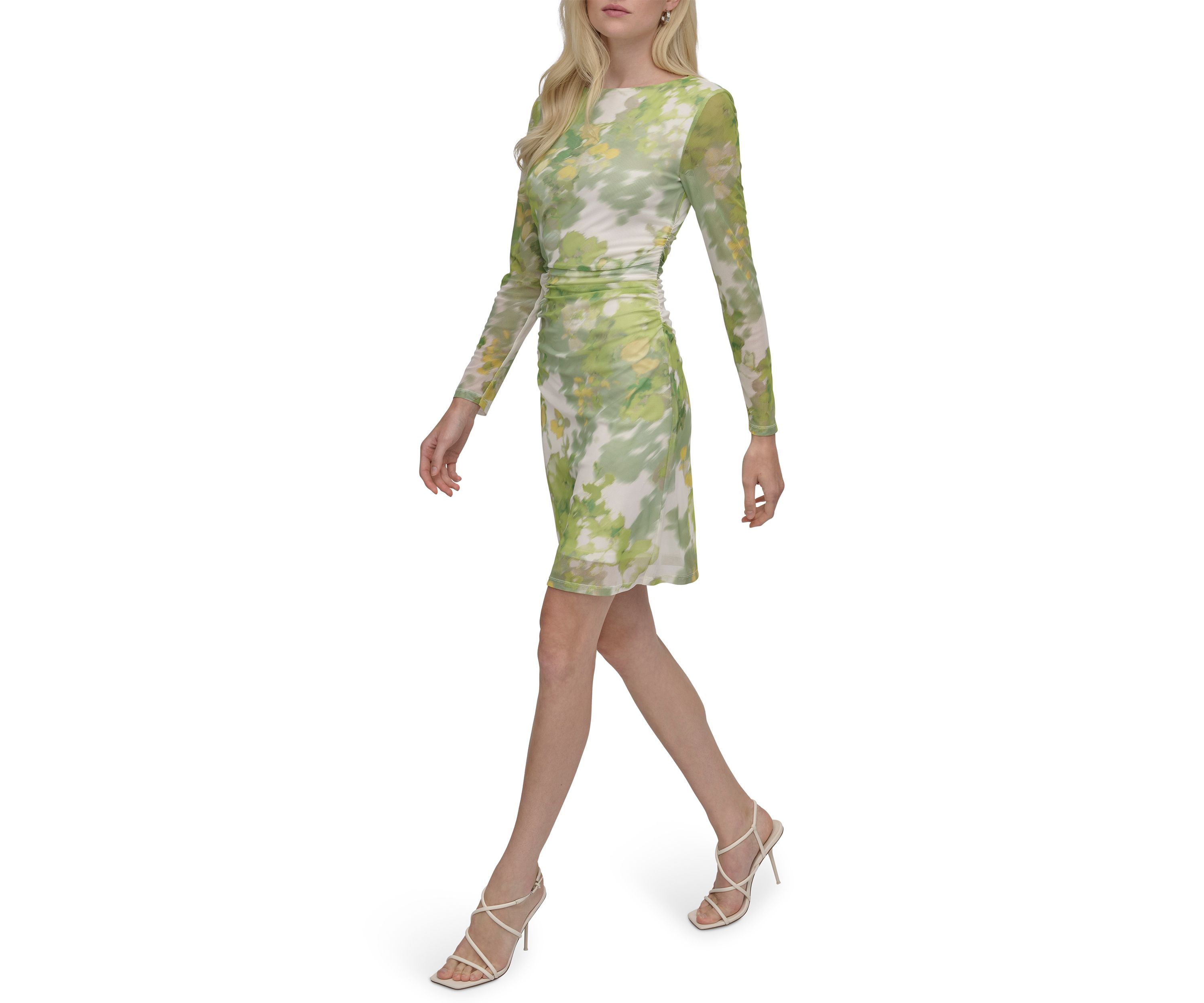 Womens Floral Printed Boat Neck Ruched Dress