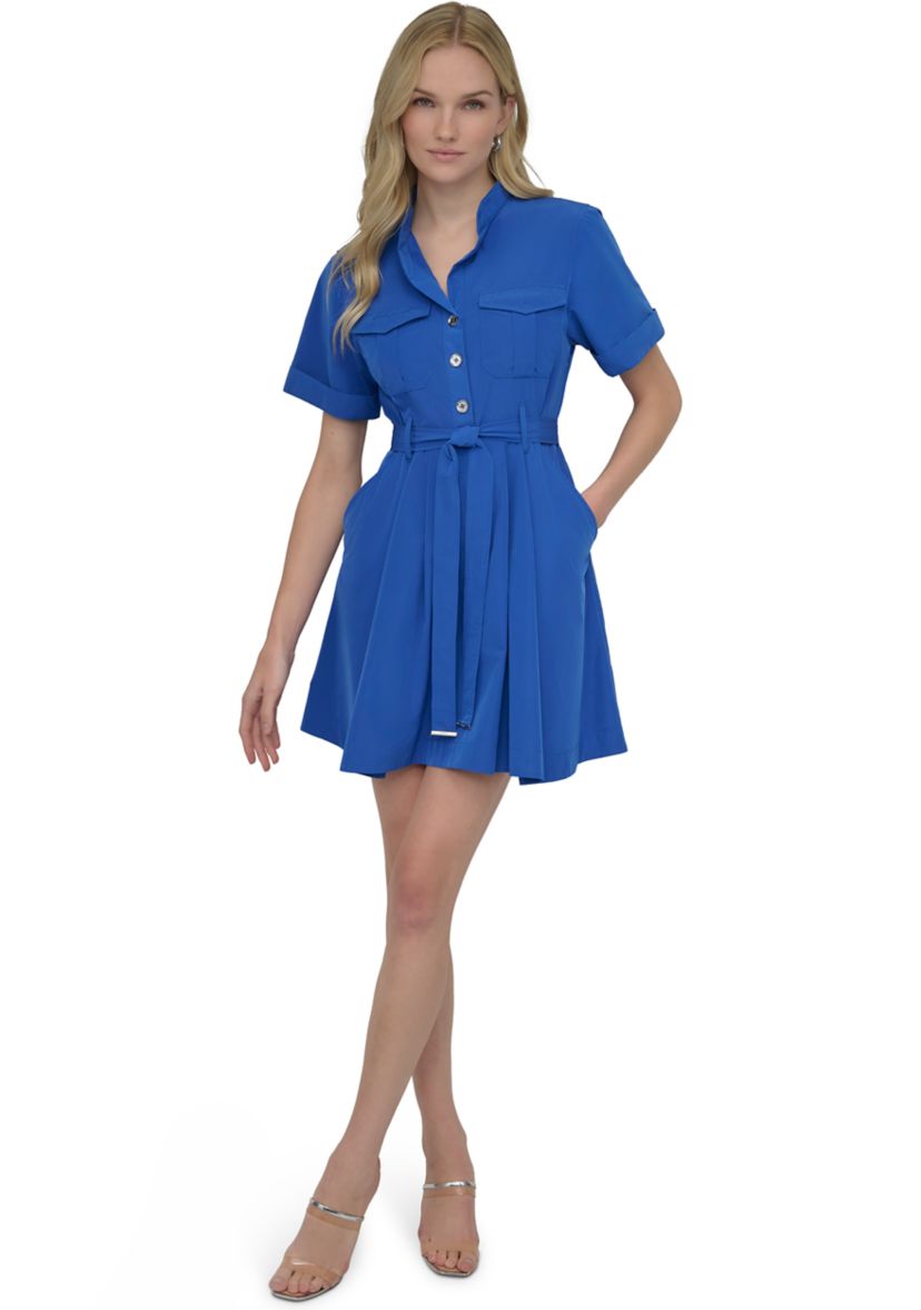 Womens Short Sleeve Collar Neck Solid Shirtdress
