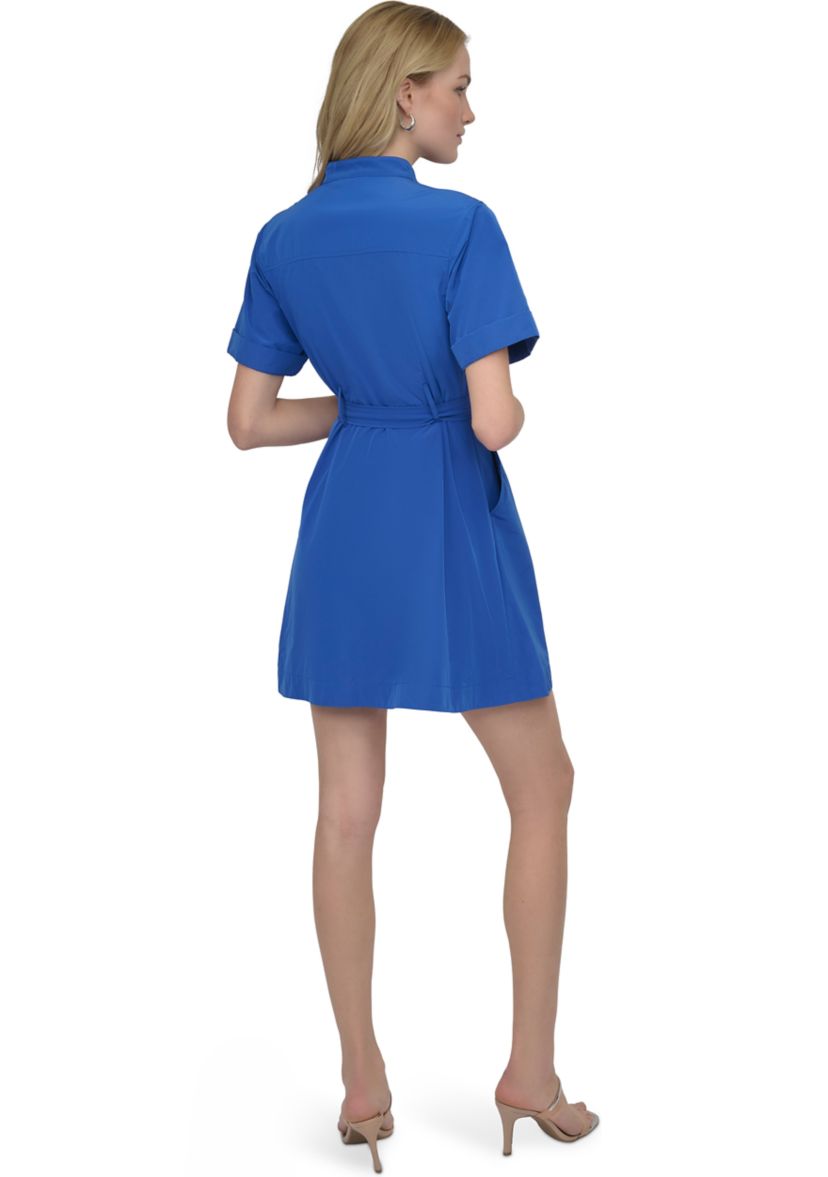 Womens Short Sleeve Collar Neck Solid Shirtdress