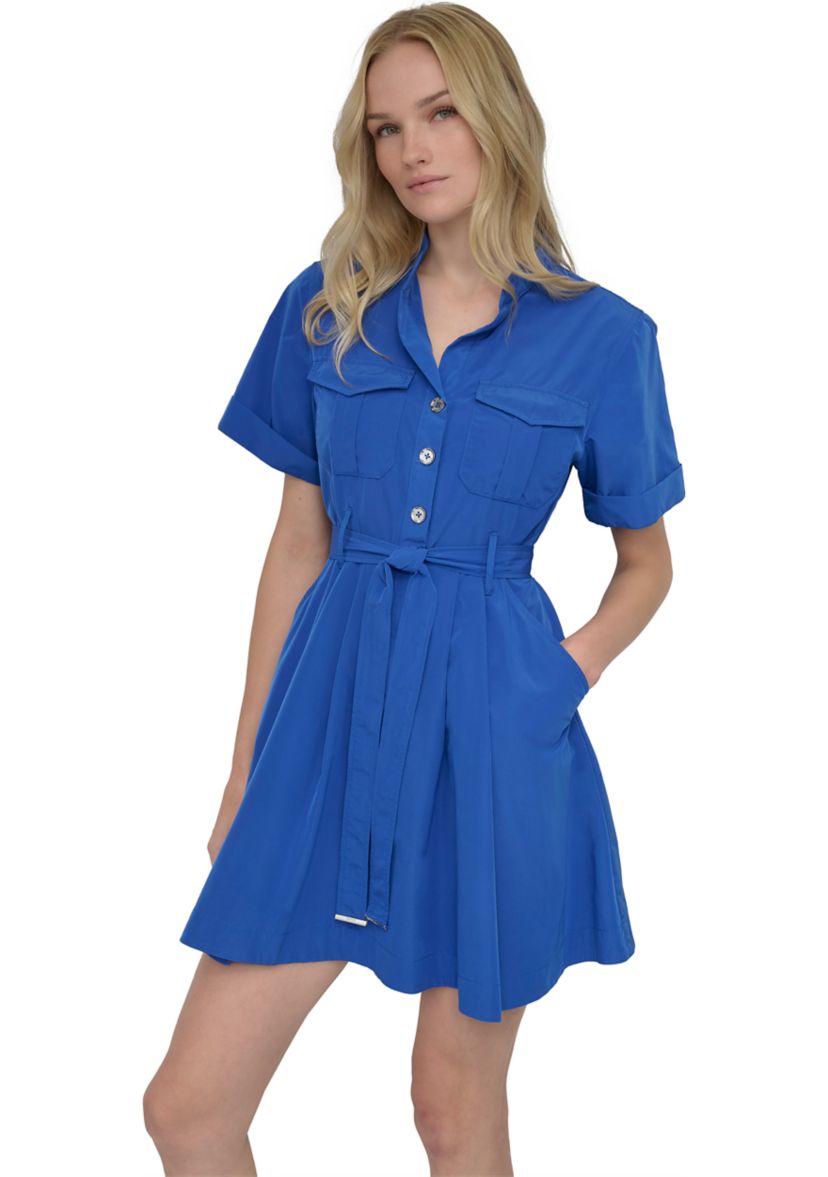 Womens Short Sleeve Collar Neck Solid Shirtdress
