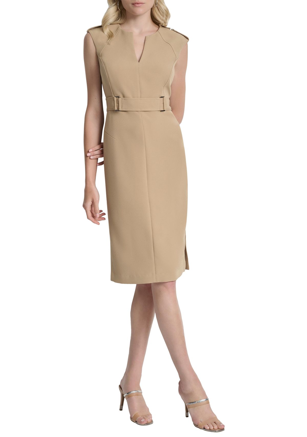 Womens Sleeveless Crepe Sheath Dress