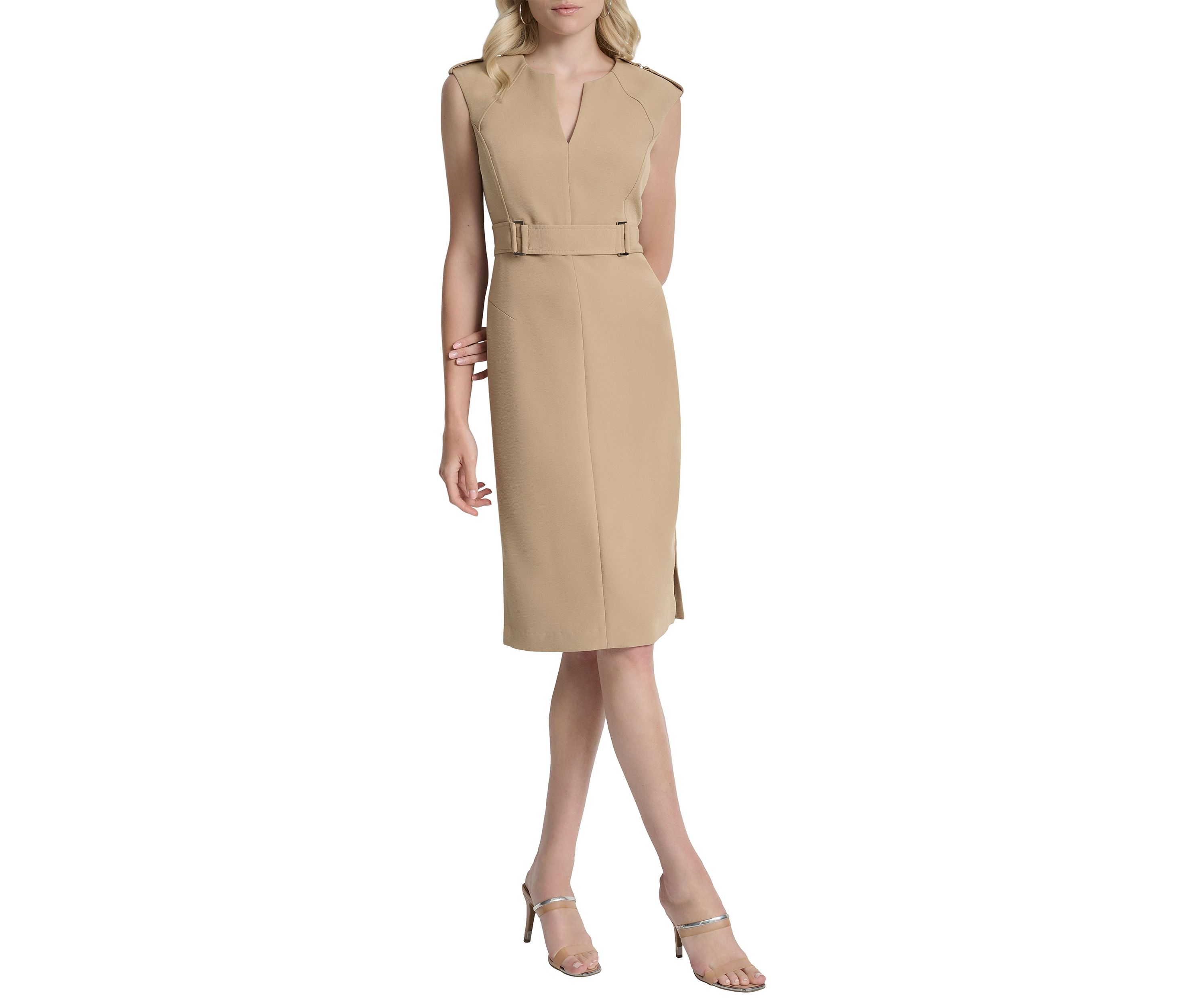 Womens Sleeveless Crepe Sheath Dress