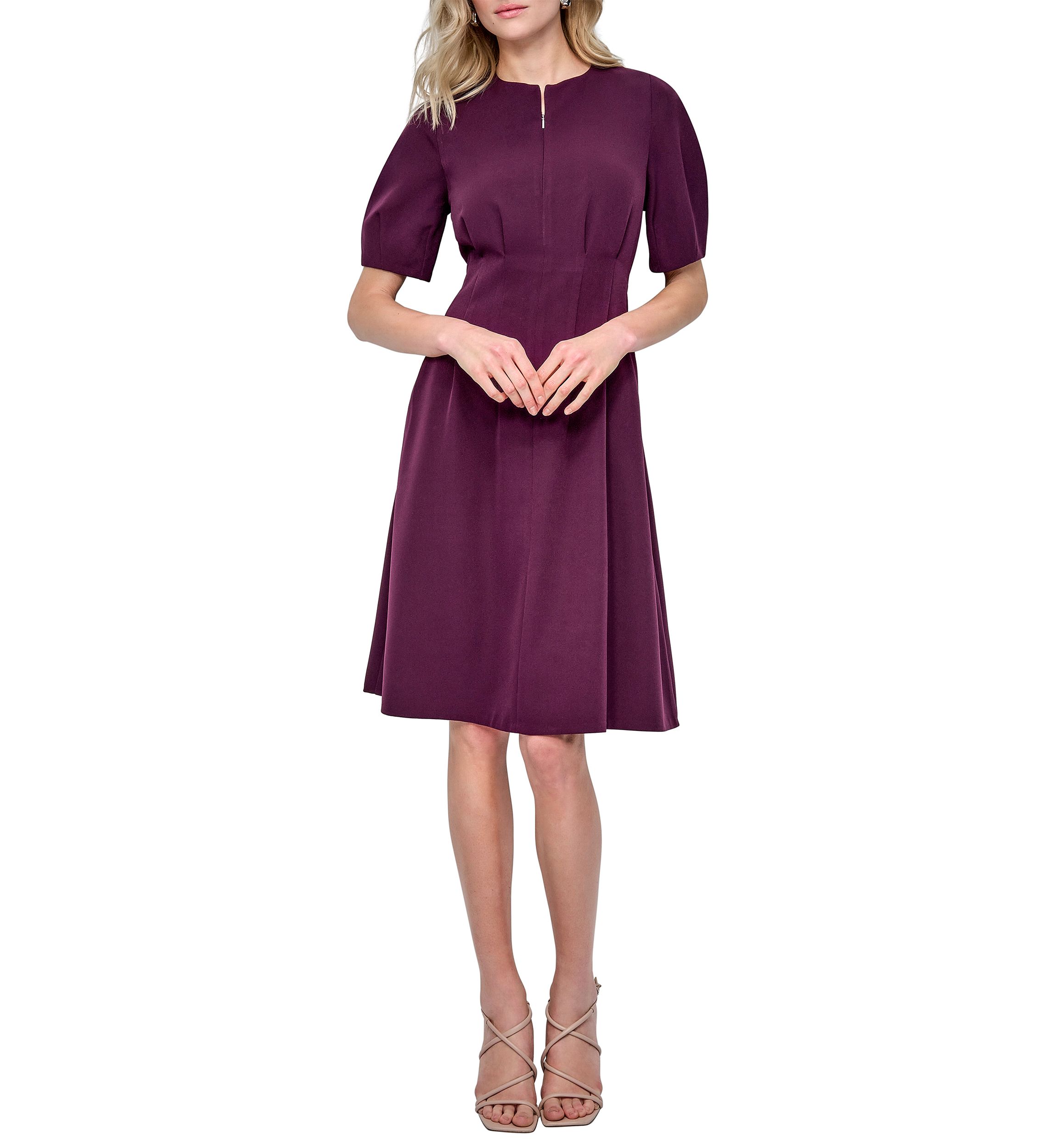 Womens Short Sleeve Crew Neck Solid A-Line Dress