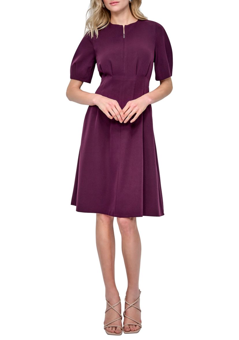 Womens Short Sleeve Crew Neck Solid A-Line Dress