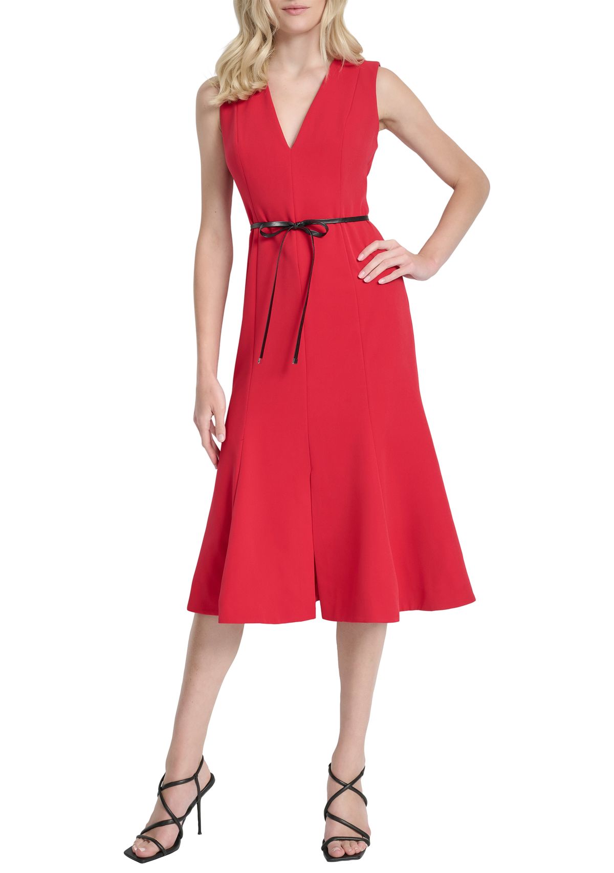 Womens Sleeveless V-Neck A-Line Stretch Midi Dress
