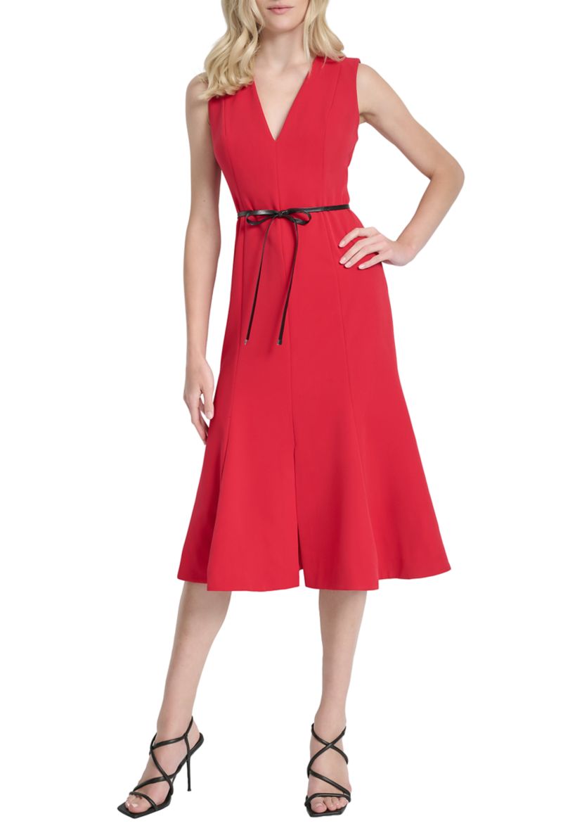 Womens Sleeveless V-Neck A-Line Stretch Midi Dress