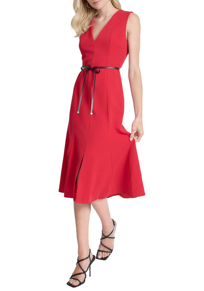 Womens Sleeveless V-Neck A-Line Stretch Midi Dress