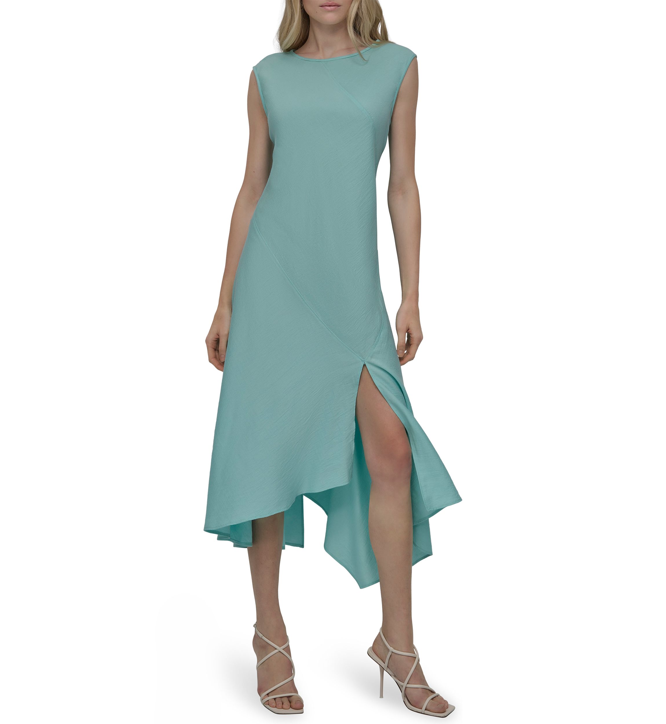 Womens Sleeveless Crew Neck Solid A-Line Dress