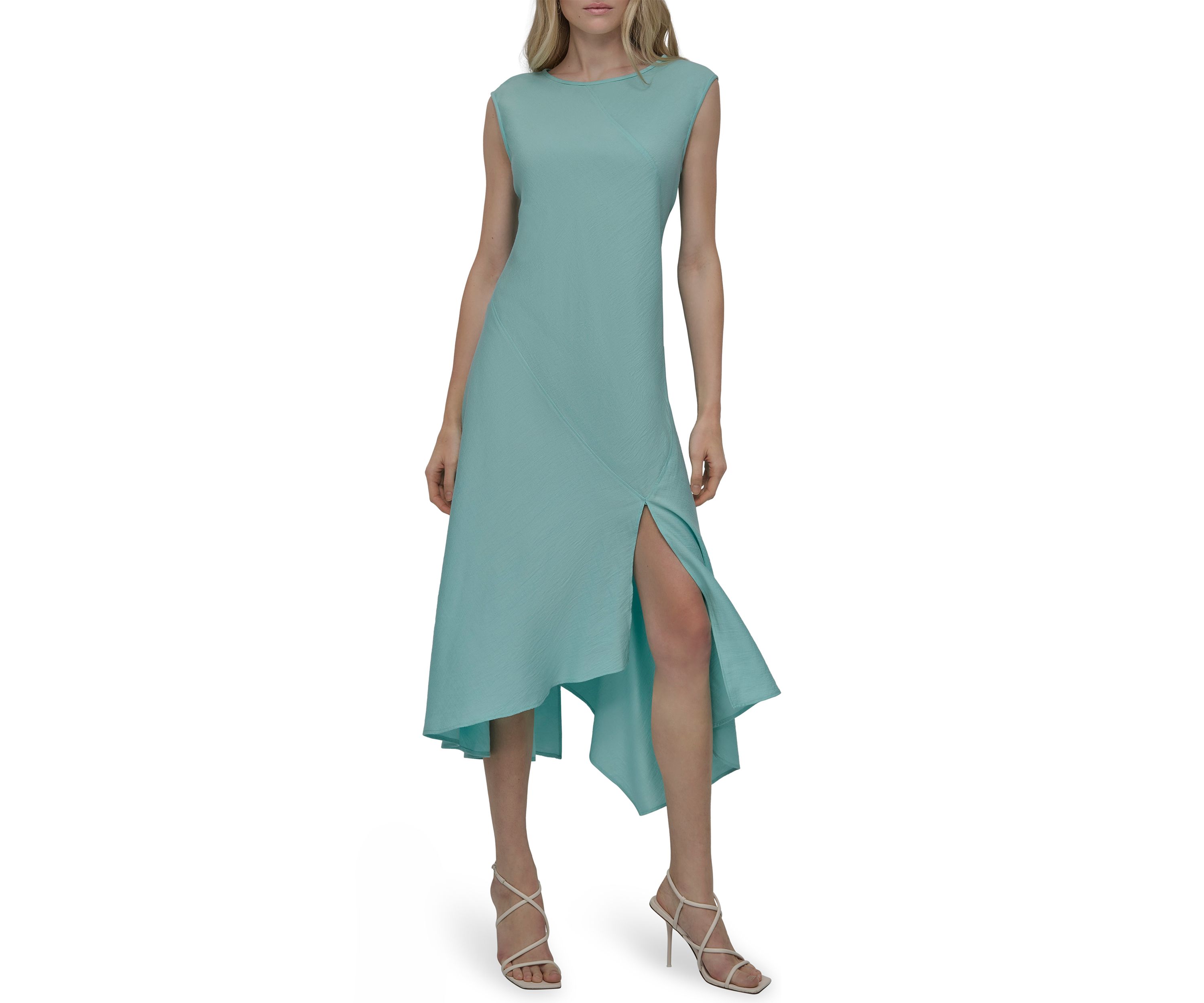 Womens Sleeveless Crew Neck Solid A-Line Dress