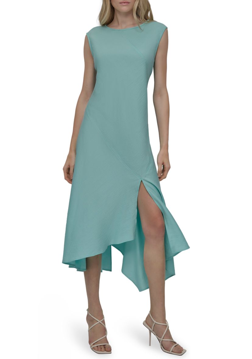 Womens Sleeveless Crew Neck Solid A-Line Dress
