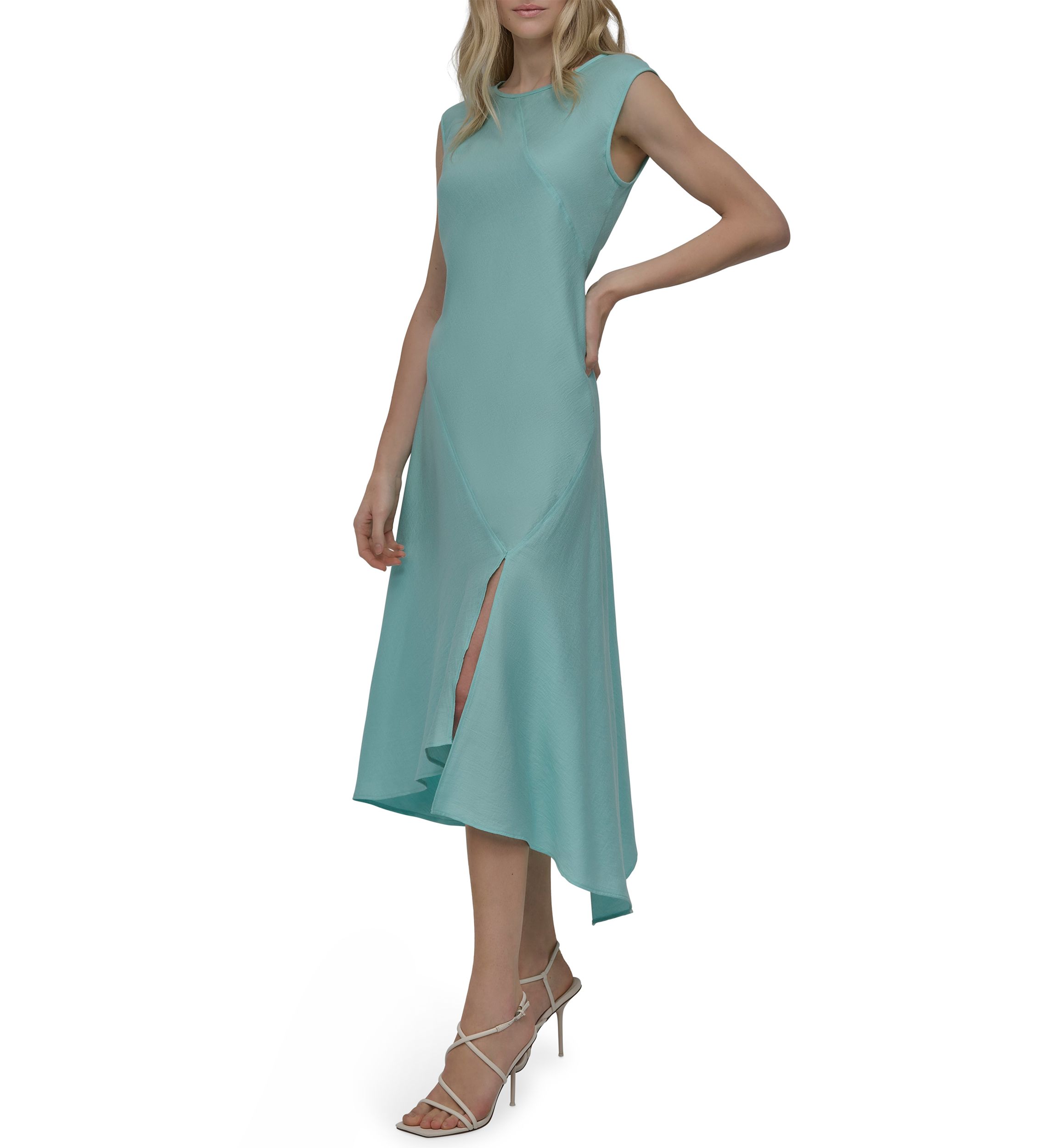 Womens Sleeveless Crew Neck Solid A-Line Dress