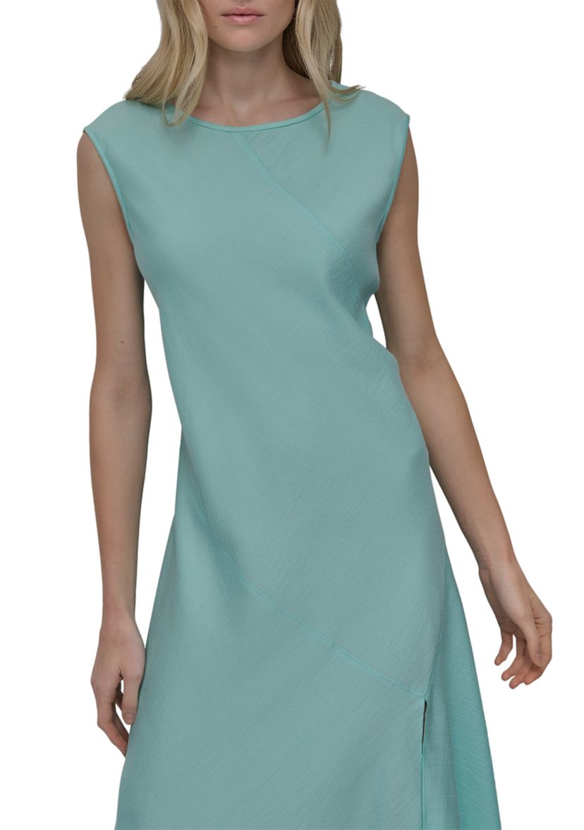 Womens Sleeveless Crew Neck Solid A-Line Dress