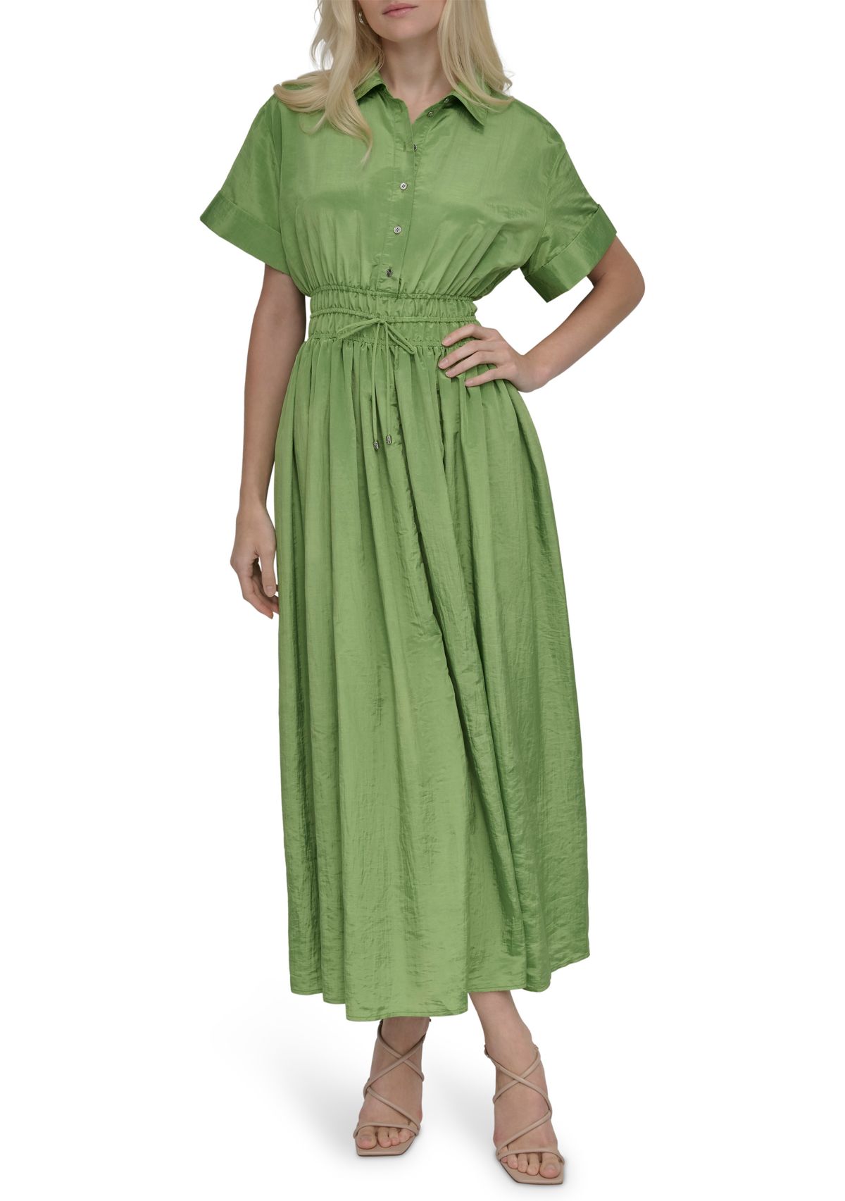 Womens Collared Solid Midi Fit and Flare Dress