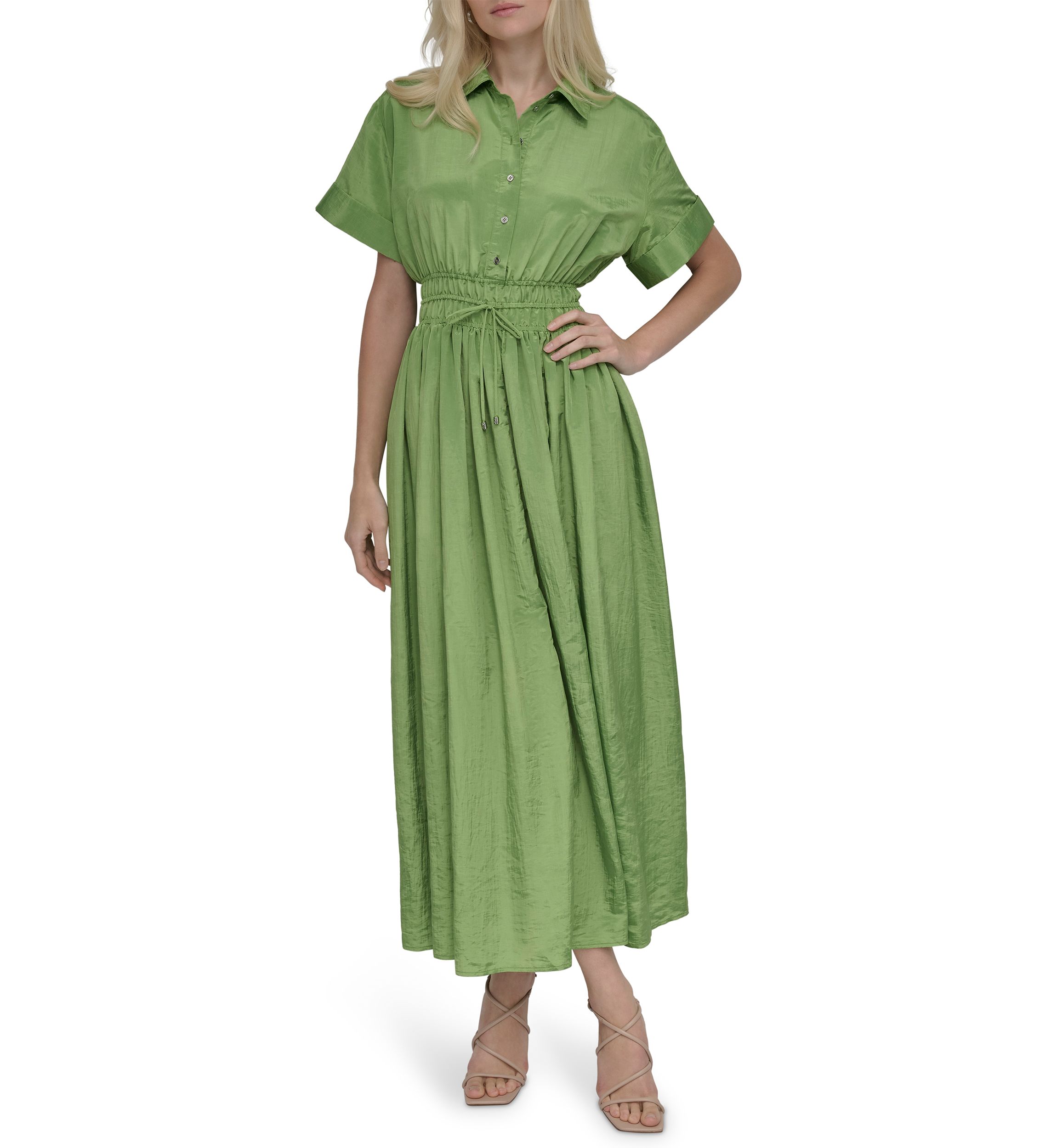 Womens Collared Solid Midi Fit and Flare Dress