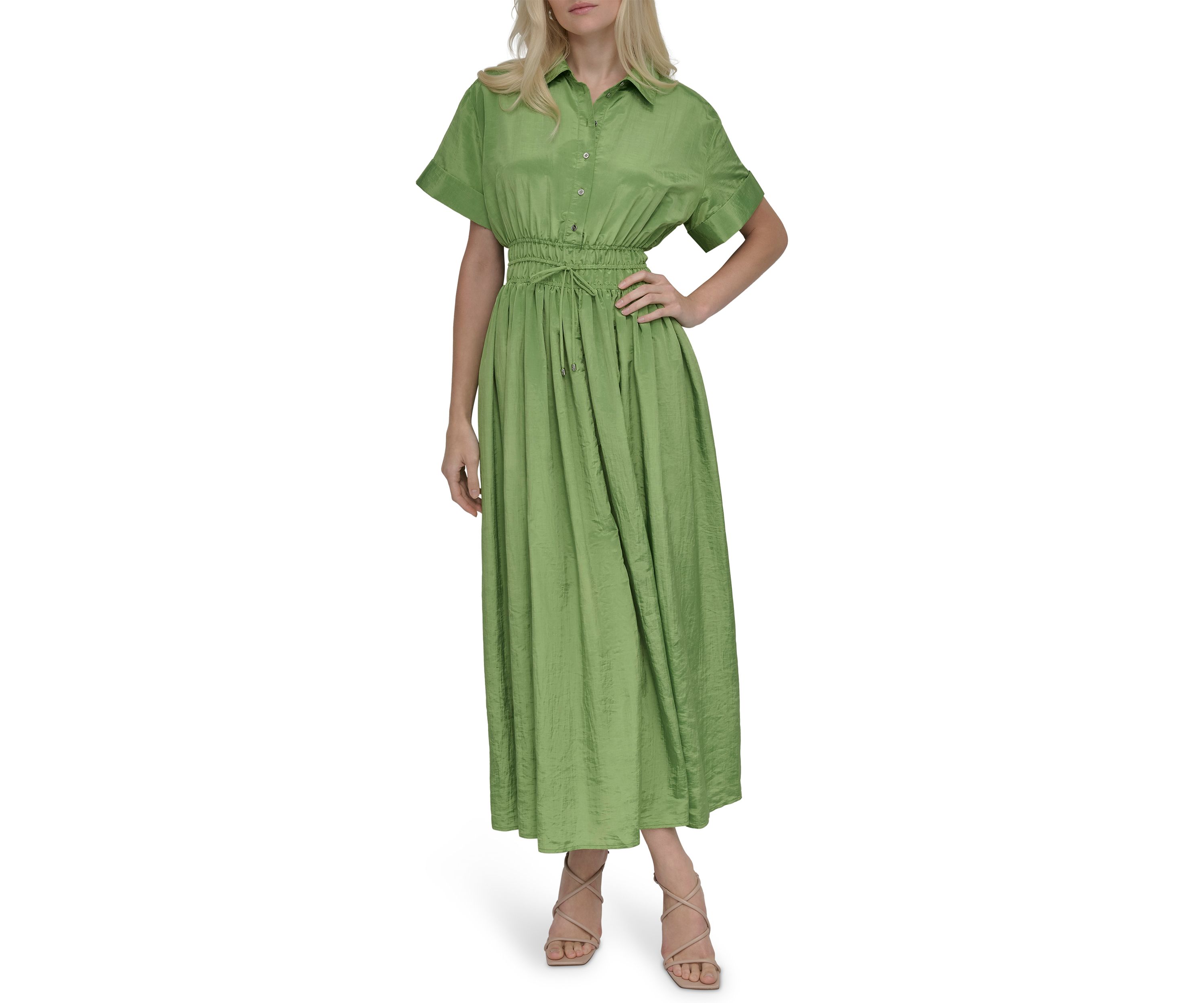 Womens Collared Solid Midi Fit and Flare Dress