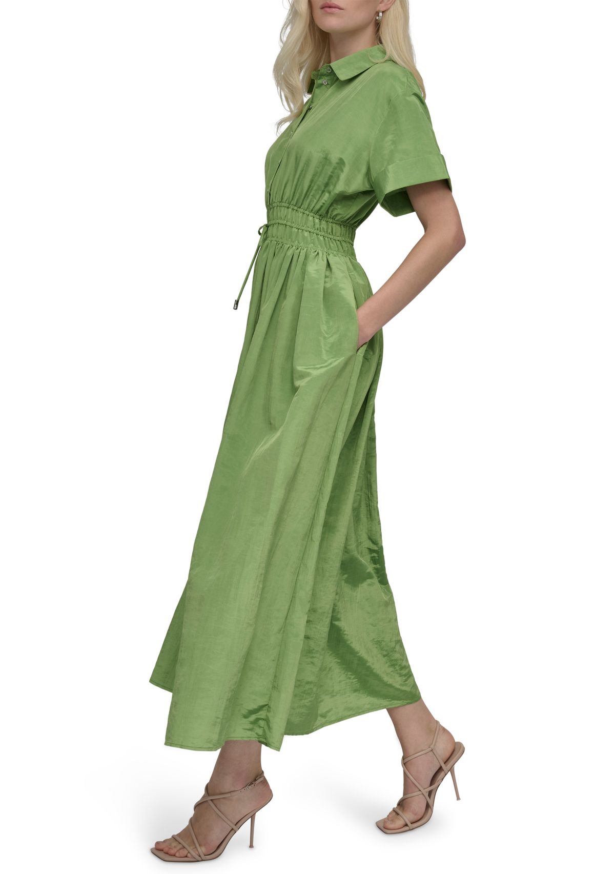 Womens Collared Solid Midi Fit and Flare Dress