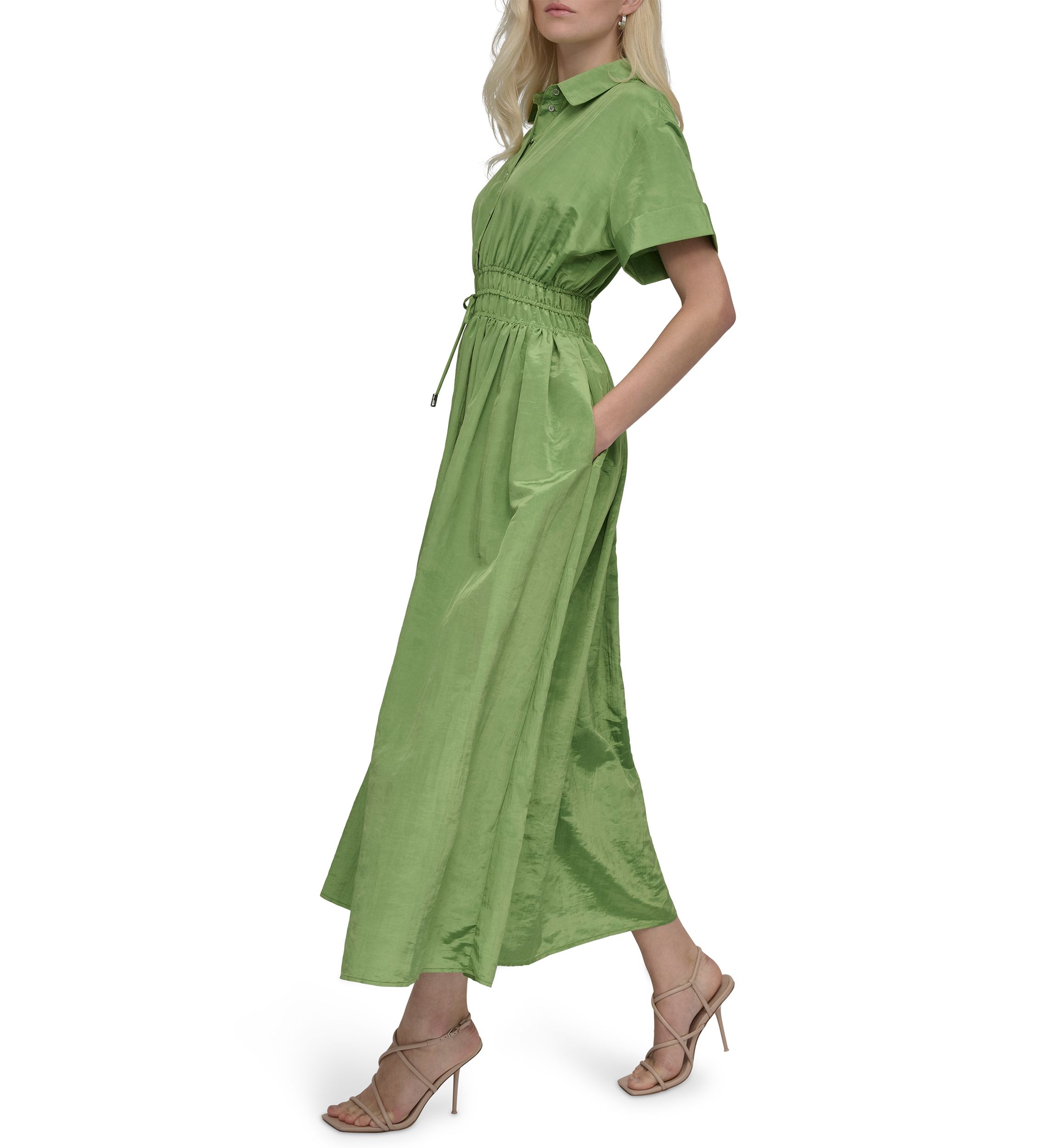 Womens Collared Solid Midi Fit and Flare Dress