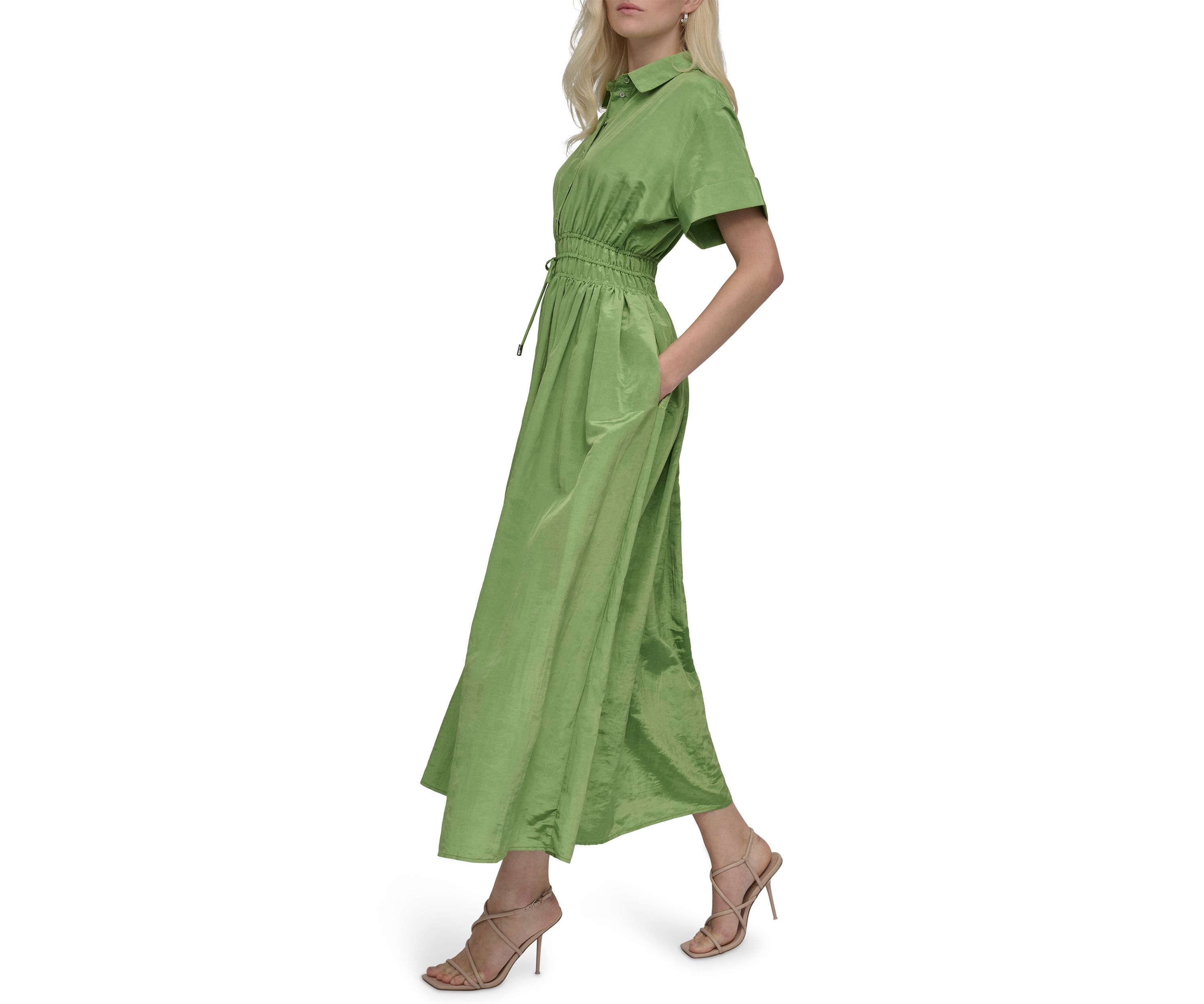 Womens Collared Solid Midi Fit and Flare Dress