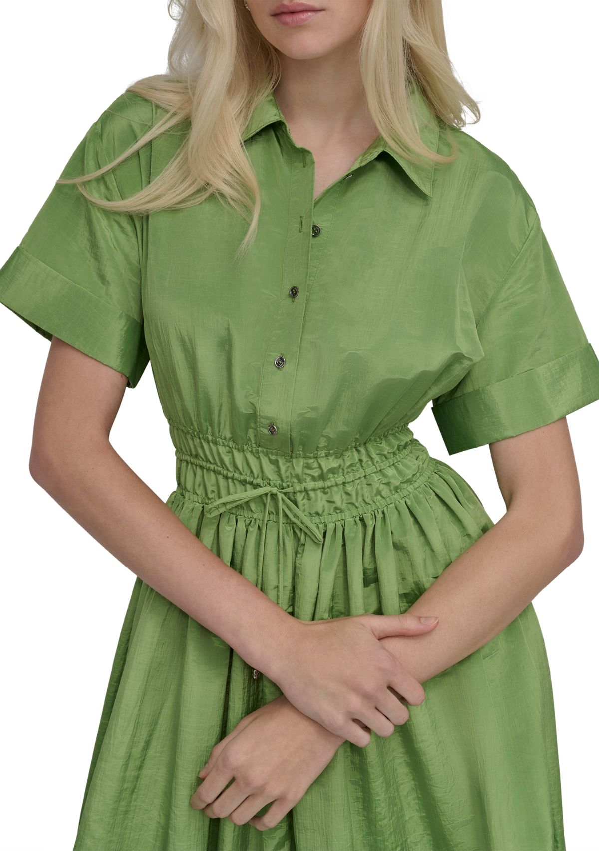 Womens Collared Solid Midi Fit and Flare Dress