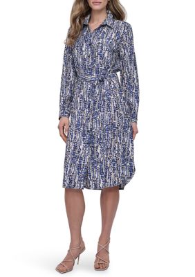 DKNY Women's Long Sleeve Collar Neck Print A-Line Shirtdress, 10