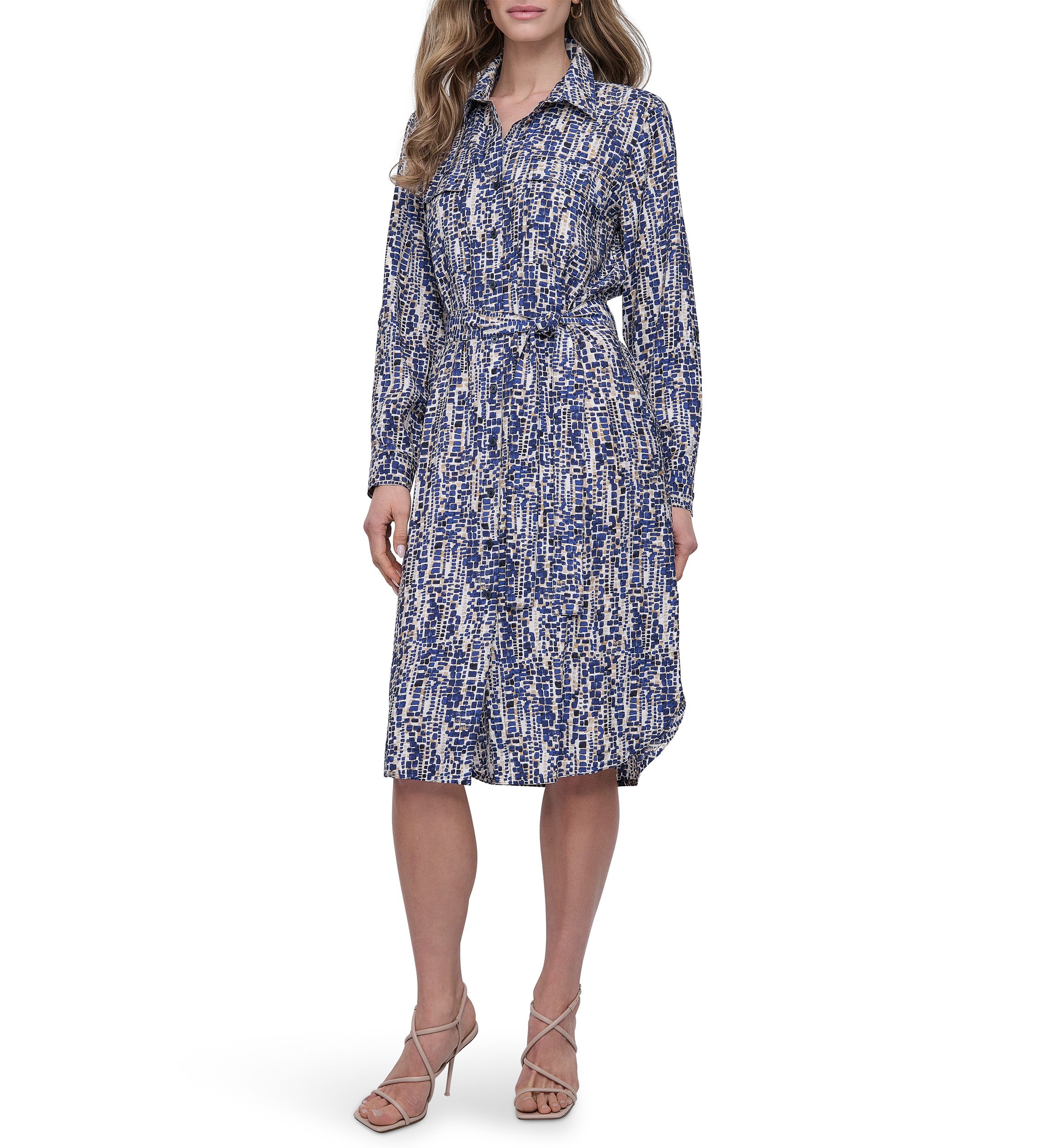 Dkny Women's Long Sleeve Collar Neck Print A-Line Shirtdress, 16