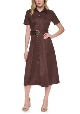 DKNY Women's Short Sleeve Faux Suede Shirtdress