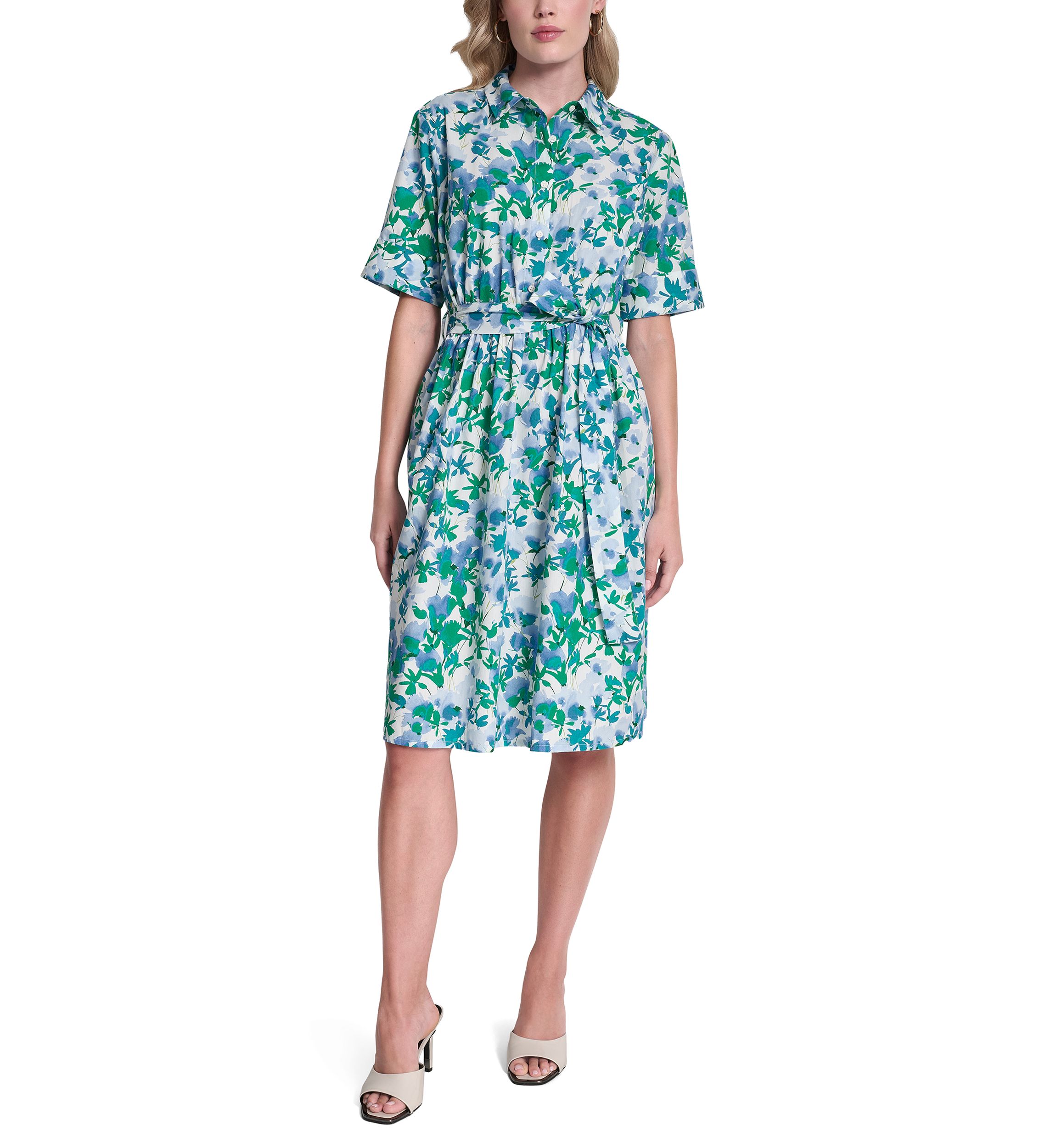 DKNY Women's Three-Quarter Sleeve Floral Midi Dress, 4, Cotton