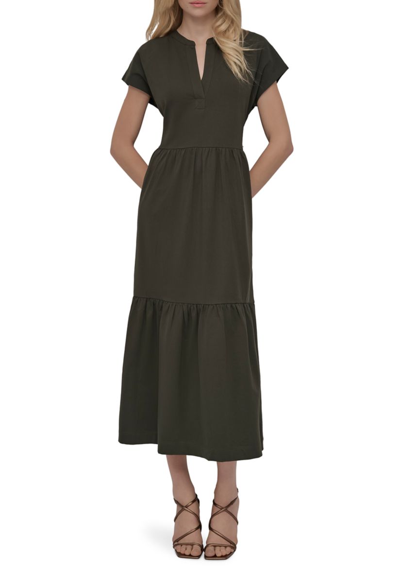dkny dress women's Short Sleeve A-Line cut with an elongating V Women's Short Sleeve Tiered Maxi