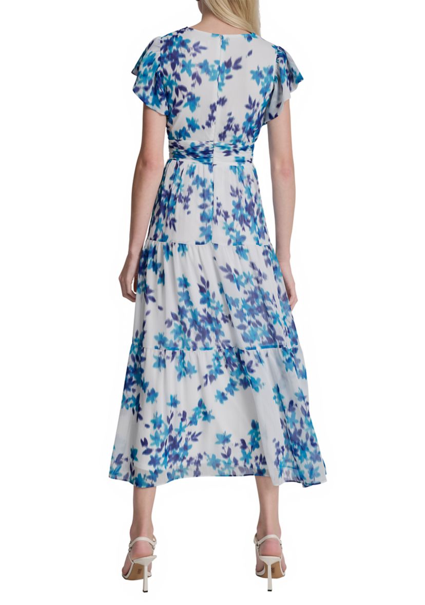 dkny maxi dress DKNY Women's Flutter Sleeve Floral Maxi Dress, Ivory, 14