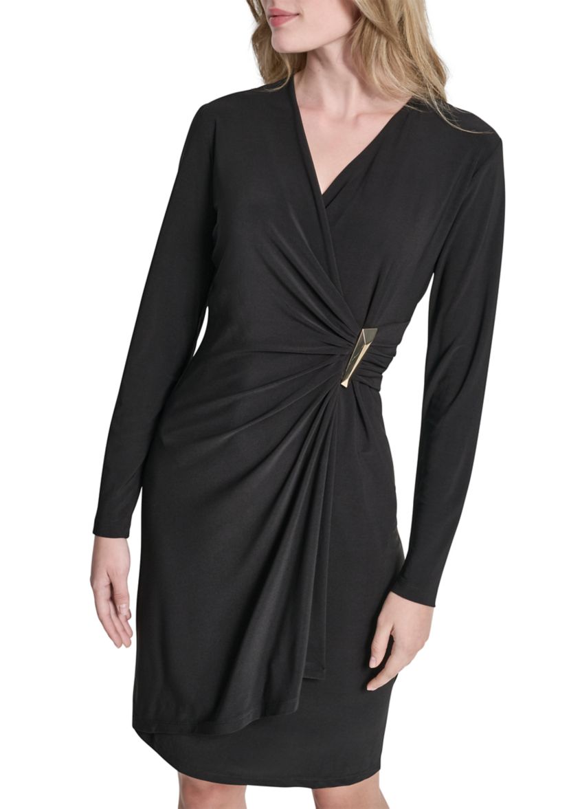 navy blue dress for baby girl Dkny Women's V-Neck Faux Wrap Dress - Black