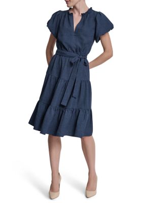 DKNY Women's Short Sleeve Tiered Mini Dress, 10