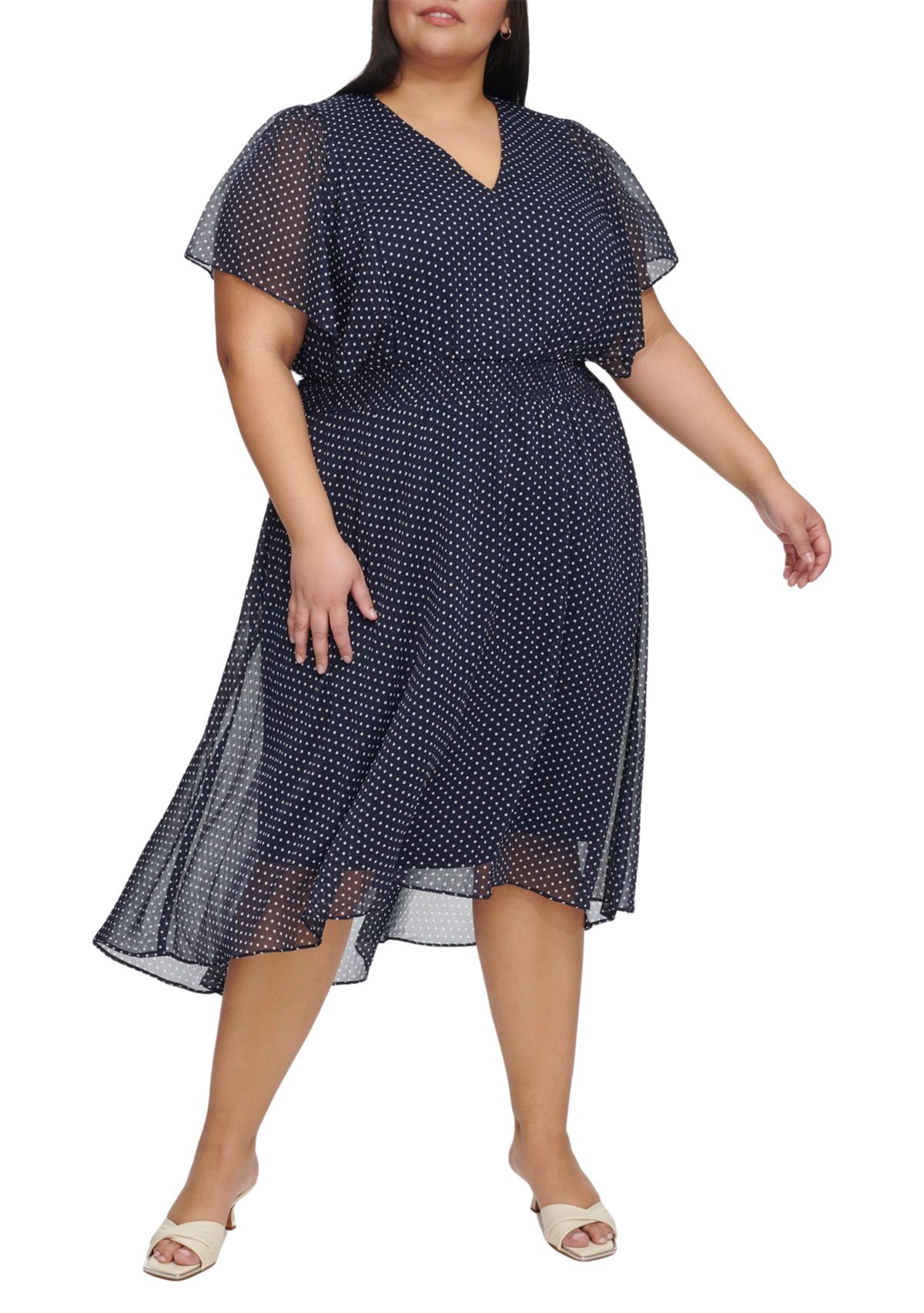 Plus Size Short Sleeve V-Neck Chiffon Midi Dress