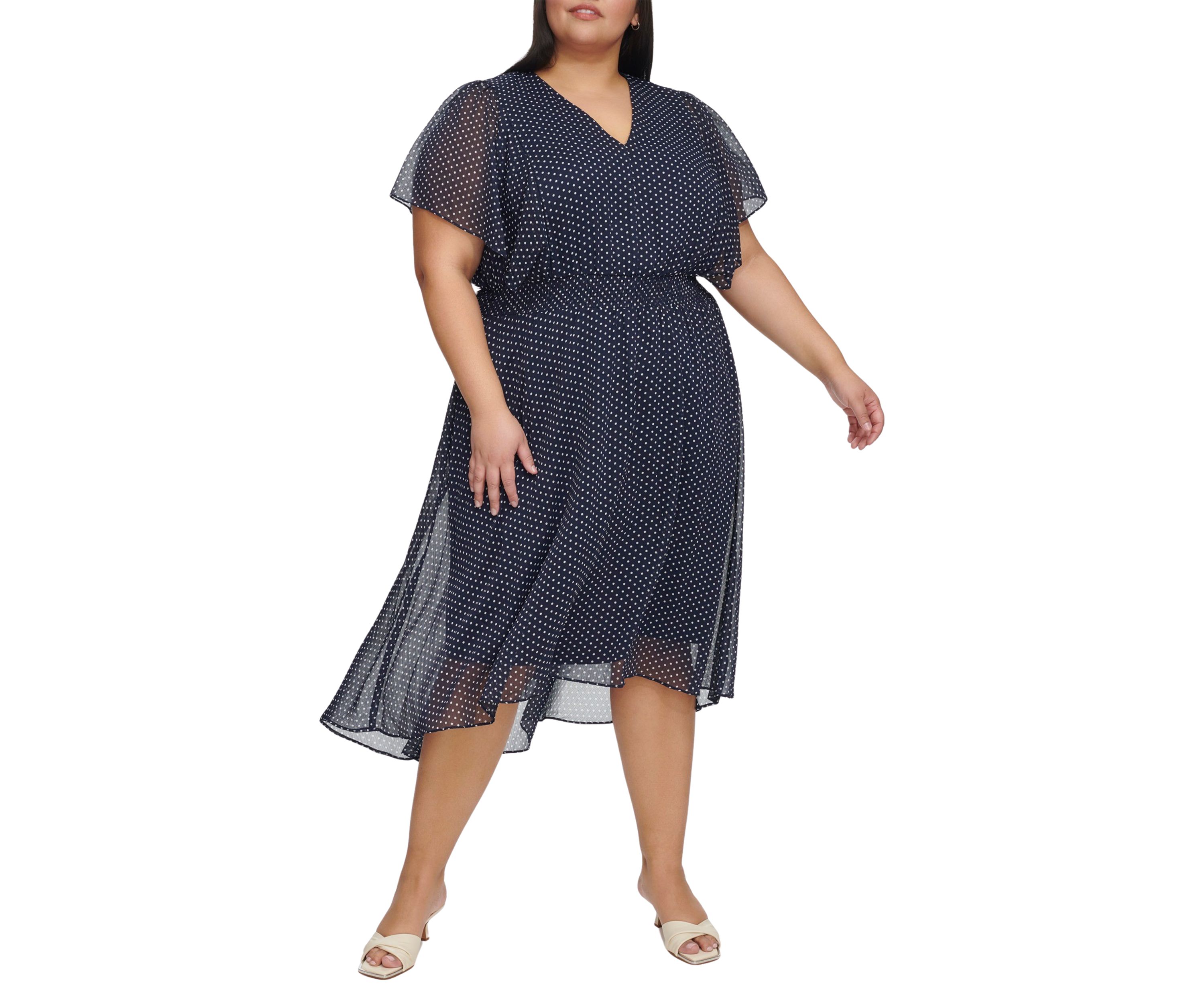 Plus Size Short Sleeve V-Neck Chiffon Midi Dress